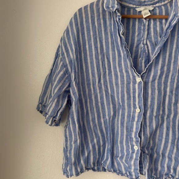 H&M Linen Top Womens L Blue & White Striped Button Front Oversized Beachy - Picture 2 of 9